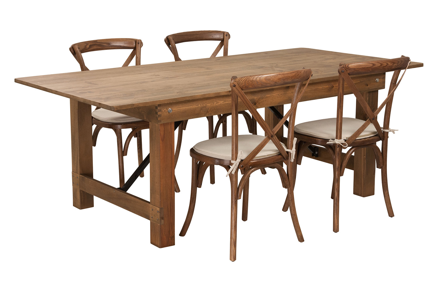 BLNK - HERCULES Series Antique Rustic Folding Farm Table Set with 4 Cross Back Chairs and Cushions