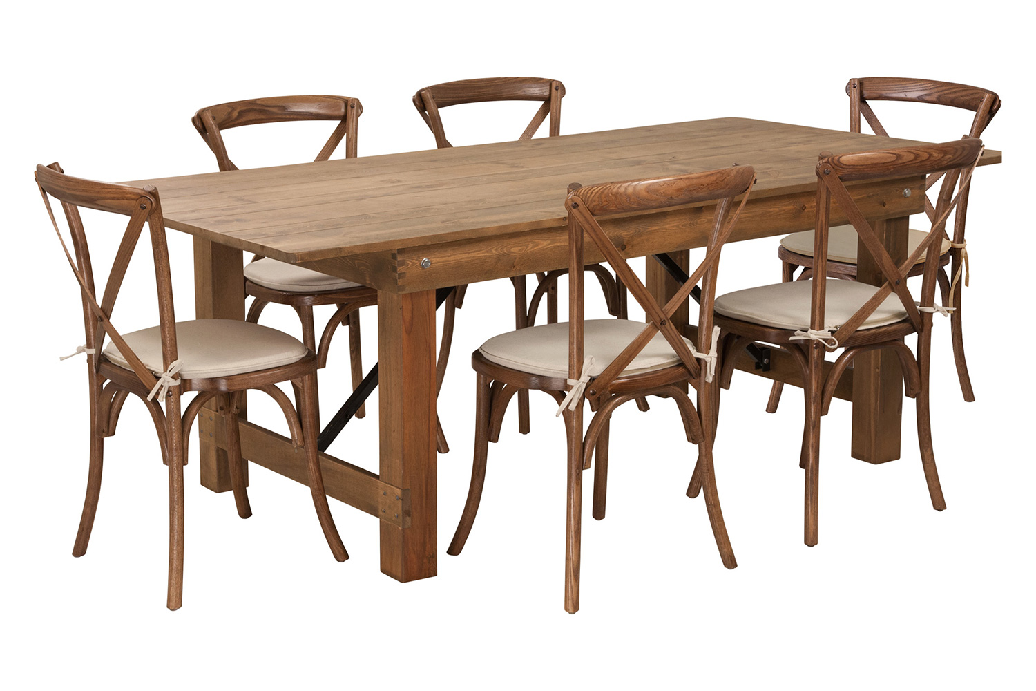 BLNK HERCULES Series Antique Rustic Folding Farm Table Set with 6 Cross Back Chairs and Cushions - Natural