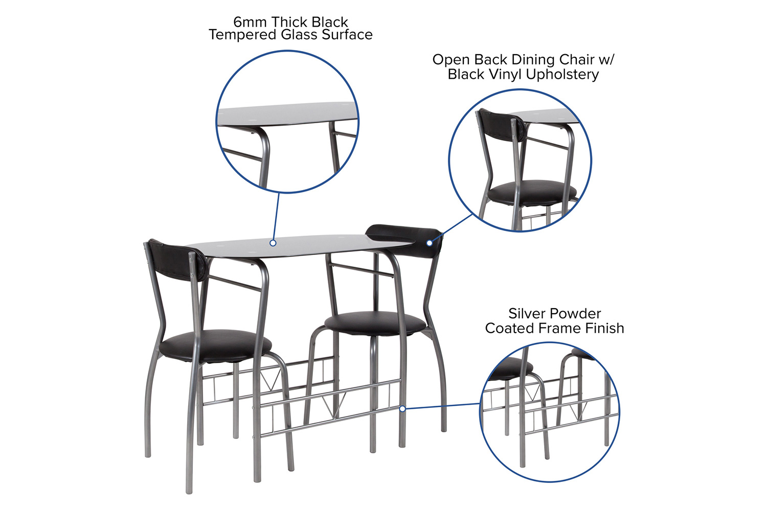 BLNK - Sutton Space-Saver Bistro Set with Black Glass Top Table and Black Vinyl Padded Chairs 3 Piece