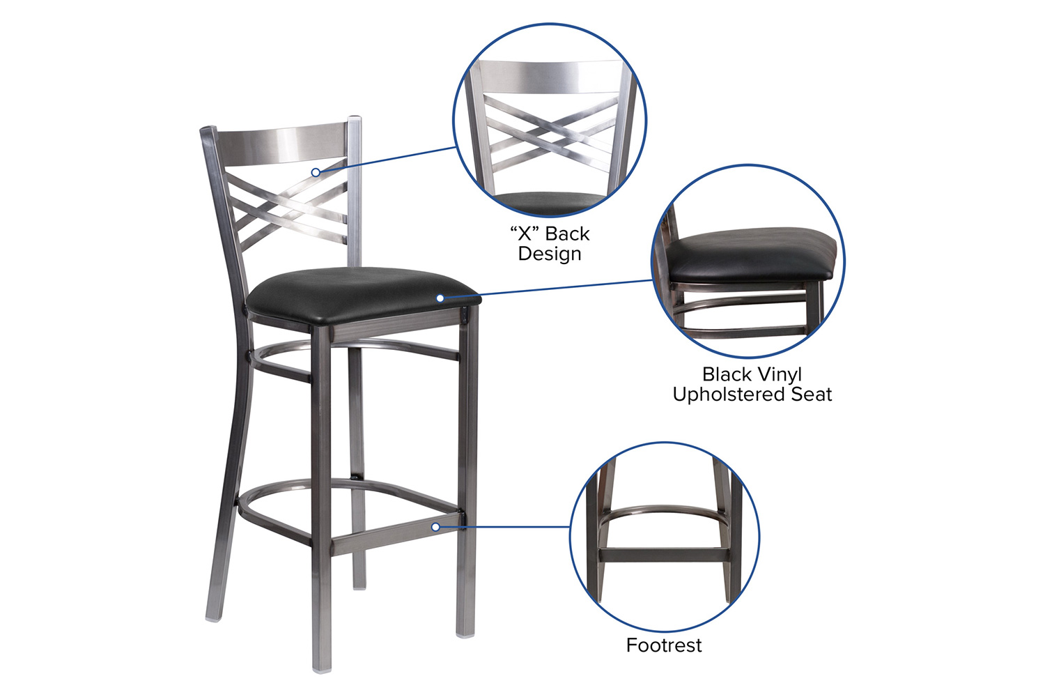 BLNK - HERCULES Series Clear Coated Metal "X" Back Restaurant Bar Stool with Vinyl Seat