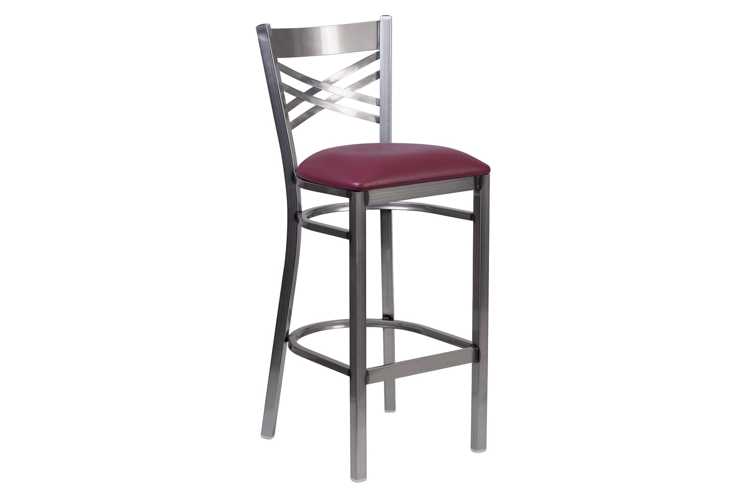 BLNK - HERCULES Series Clear Coated Metal "X" Back Restaurant Bar Stool with Burgundy Vinyl Seat