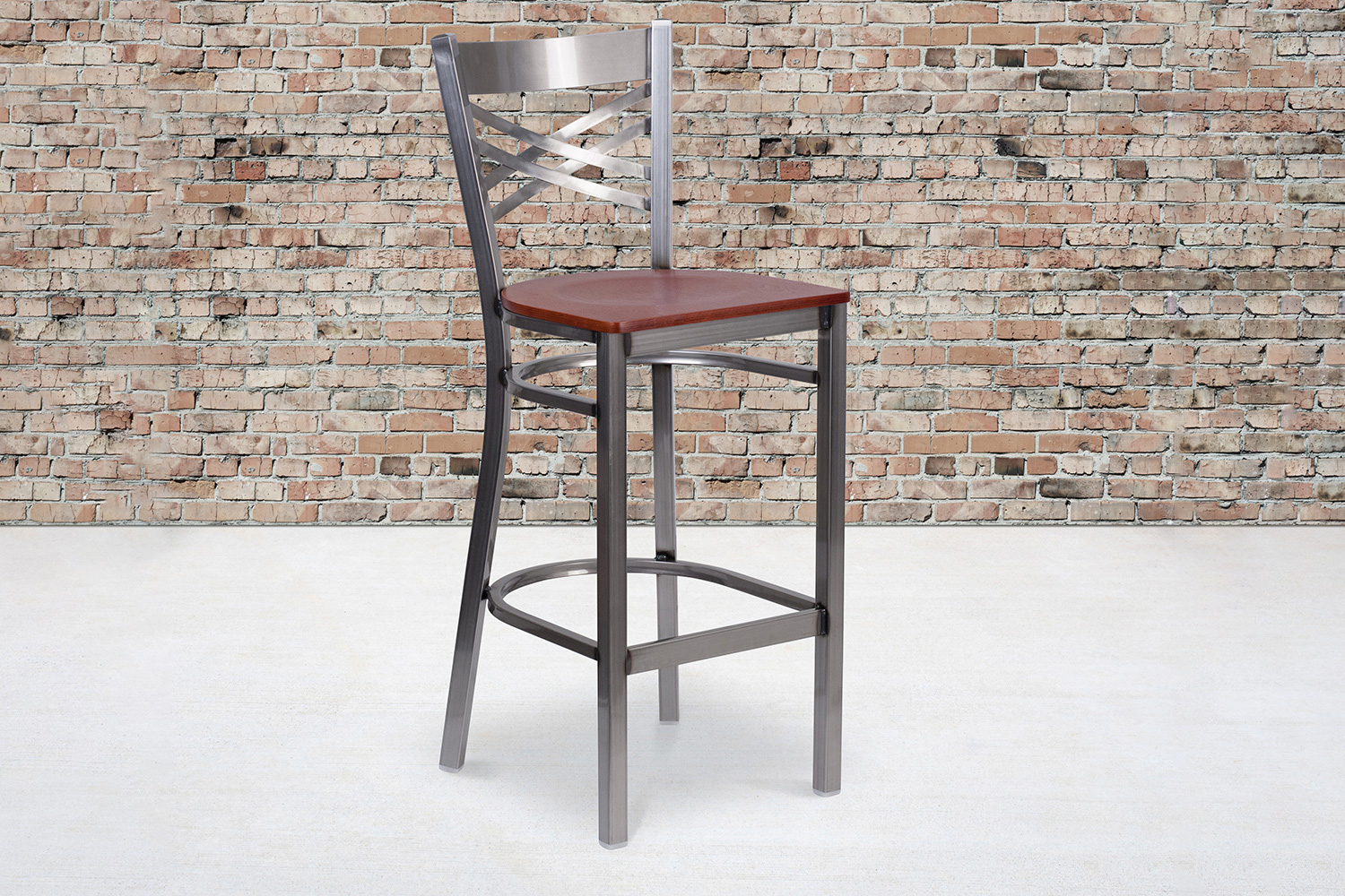 BLNK HERCULES Series Clear Coated Metal "X" Back Restaurant Bar Stool with Wood Seat