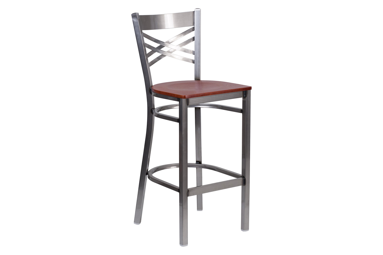 BLNK HERCULES Series Clear Coated Metal "X" Back Restaurant Bar Stool with Wood Seat - Cherry