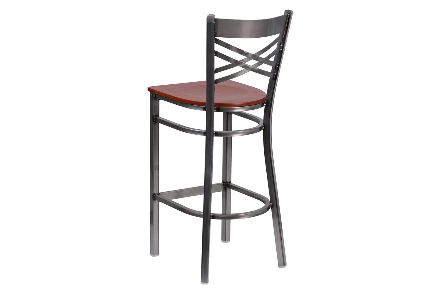 BLNK HERCULES Series Clear Coated Metal "X" Back Restaurant Bar Stool with Wood Seat - Cherry