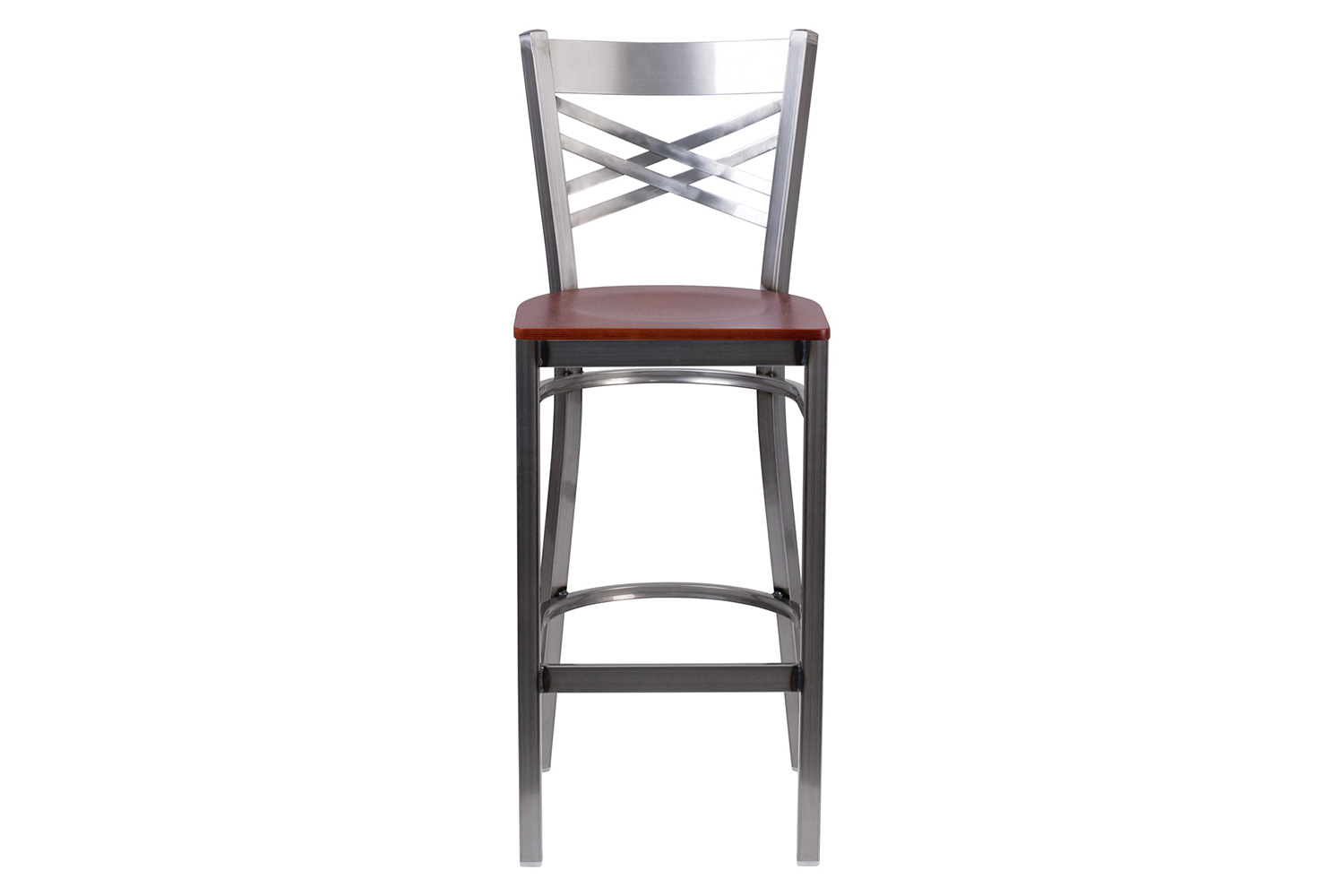 BLNK HERCULES Series Clear Coated Metal "X" Back Restaurant Bar Stool with Wood Seat - Cherry