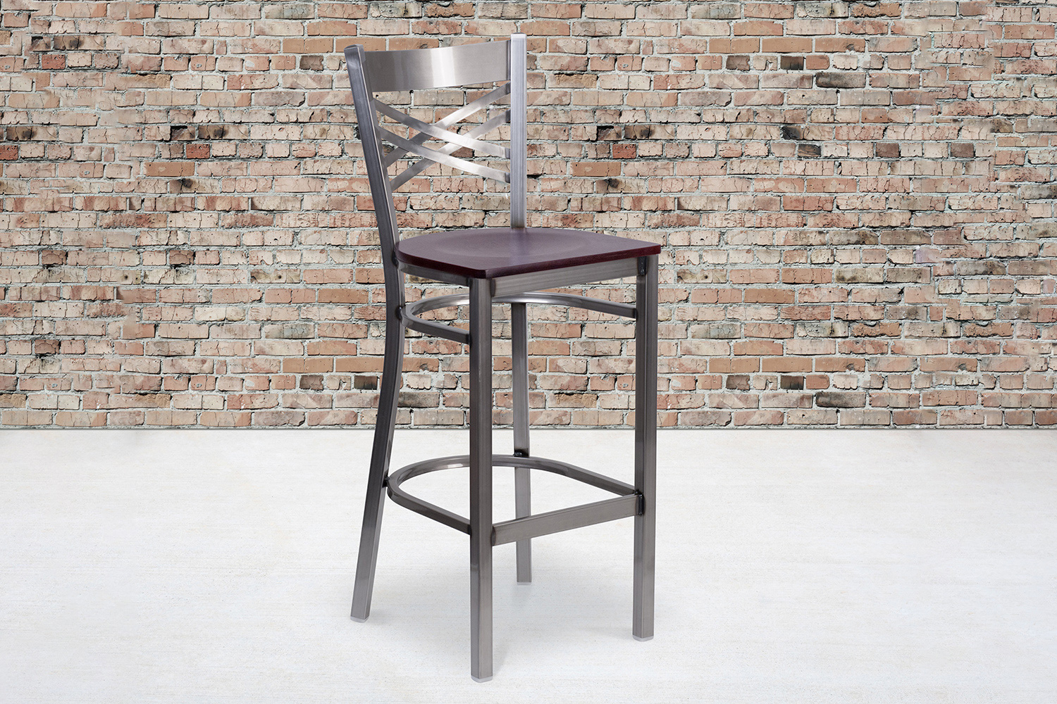 BLNK HERCULES Series Clear Coated Metal "X" Back Restaurant Bar Stool with Wood Seat