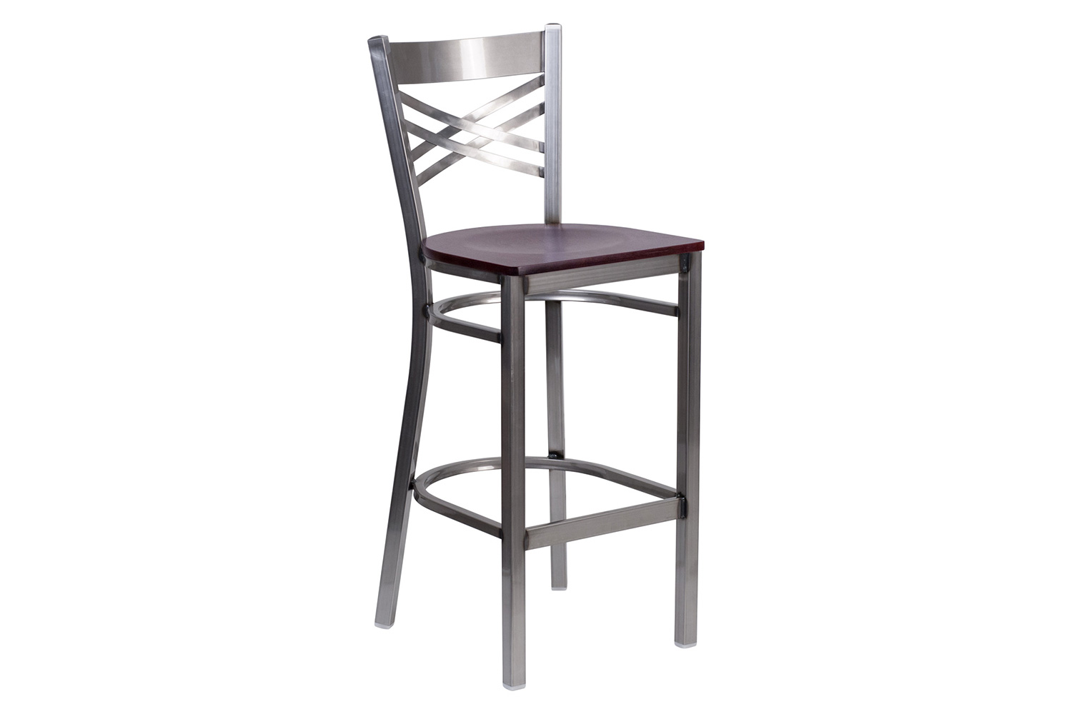 BLNK HERCULES Series Clear Coated Metal "X" Back Restaurant Bar Stool with Wood Seat - Mahogany