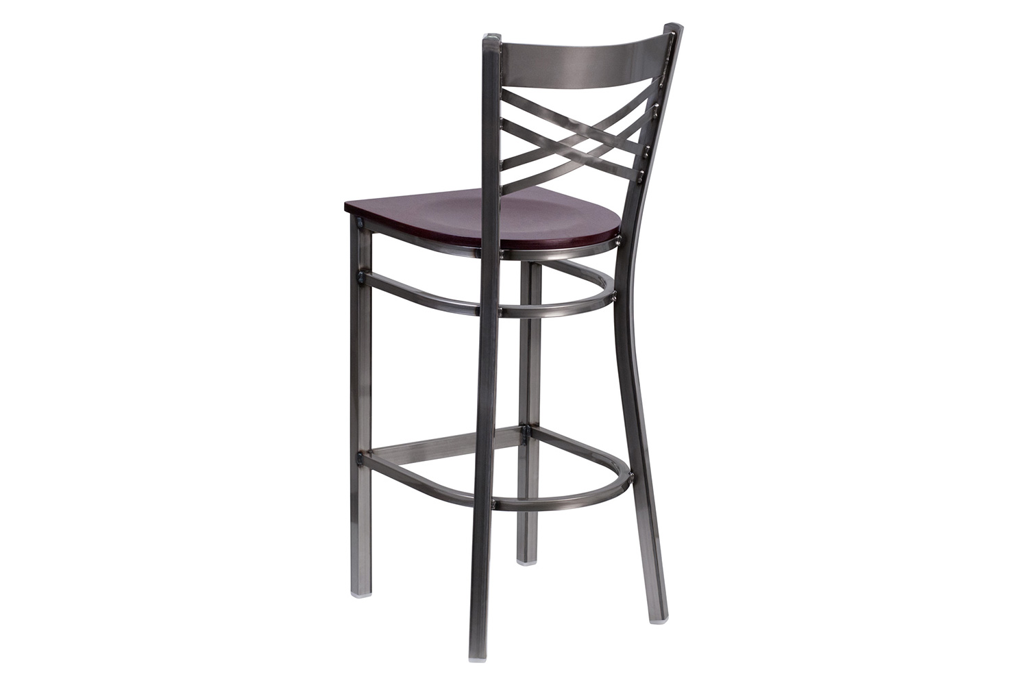 BLNK HERCULES Series Clear Coated Metal "X" Back Restaurant Bar Stool with Wood Seat - Mahogany