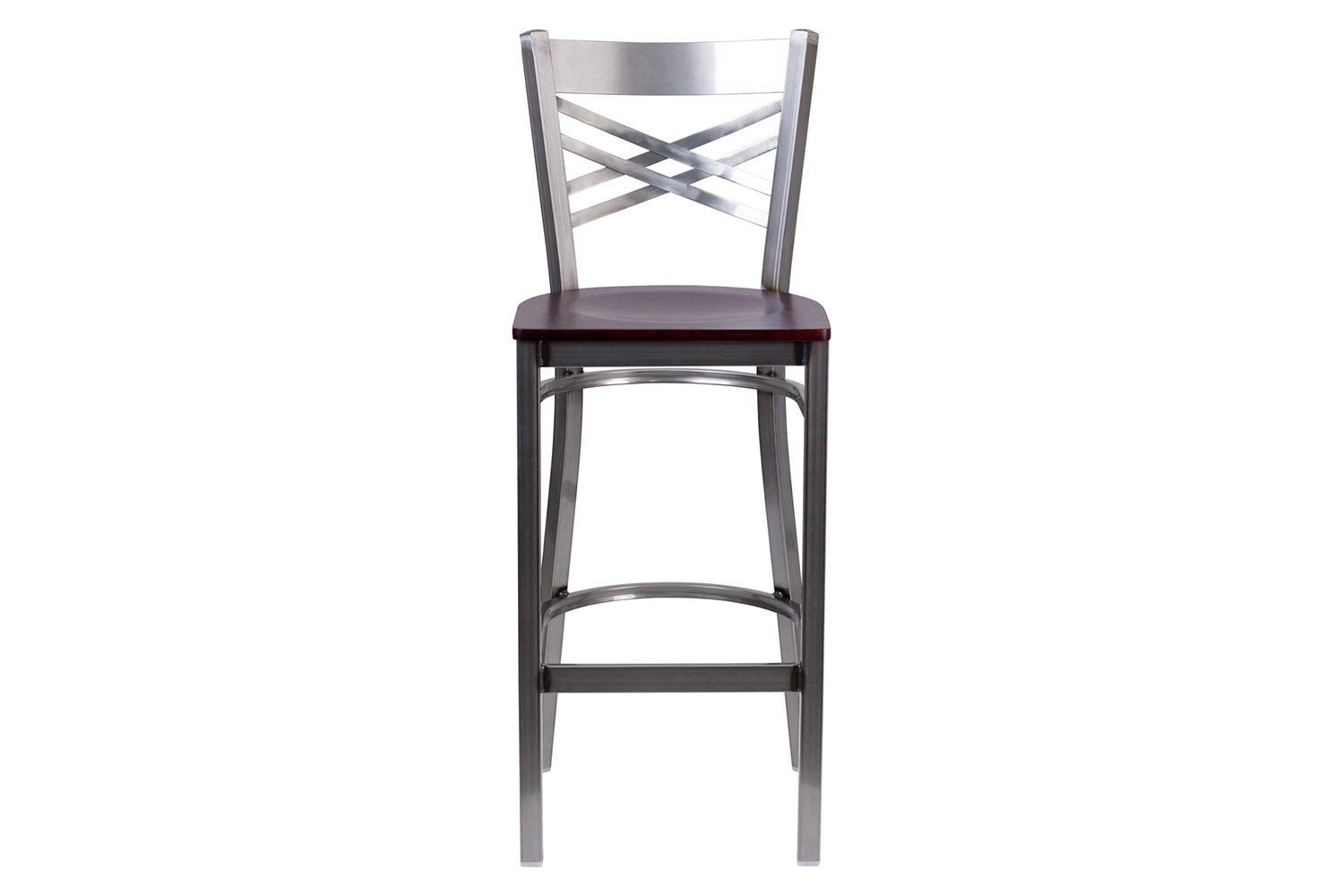 BLNK HERCULES Series Clear Coated Metal "X" Back Restaurant Bar Stool with Wood Seat - Mahogany