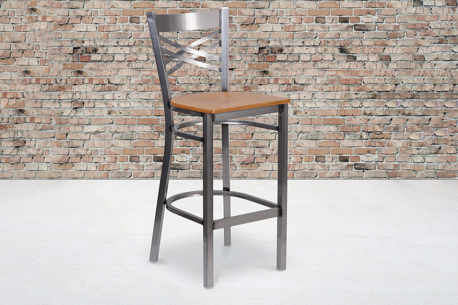 BLNK HERCULES Series Clear Coated Metal "X" Back Restaurant Bar Stool with Wood Seat