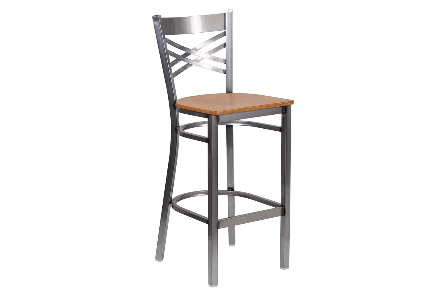 BLNK HERCULES Series Clear Coated Metal "X" Back Restaurant Bar Stool with Wood Seat - Natural