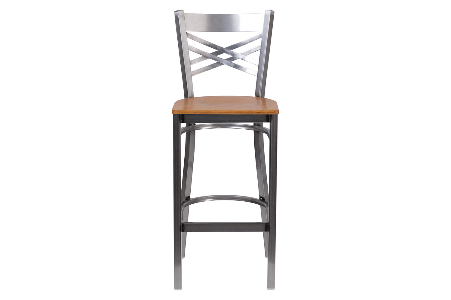 BLNK HERCULES Series Clear Coated Metal "X" Back Restaurant Bar Stool with Wood Seat - Natural