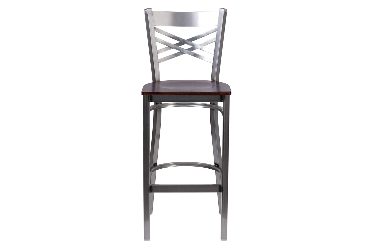 BLNK HERCULES Series Clear Coated Metal "X" Back Restaurant Bar Stool with Wood Seat - Walnut