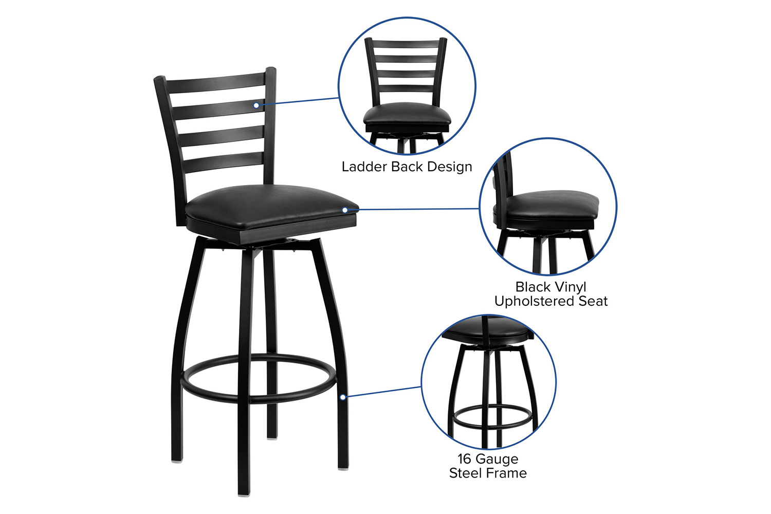 BLNK HERCULES Series Black Metal Ladder Back Swivel Bar Stool with Vinyl Seat - Black