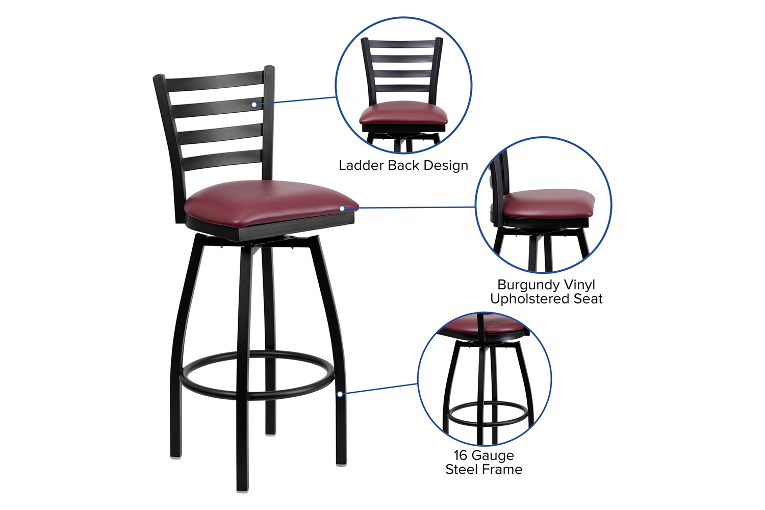 BLNK HERCULES Series Black Metal Ladder Back Swivel Bar Stool with Vinyl Seat - Burgundy