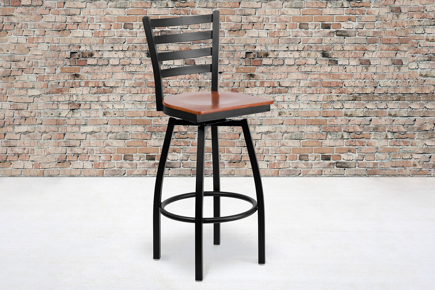 BLNK HERCULES Series Black Metal Ladder Back Swivel Bar Stool with Wood Seat