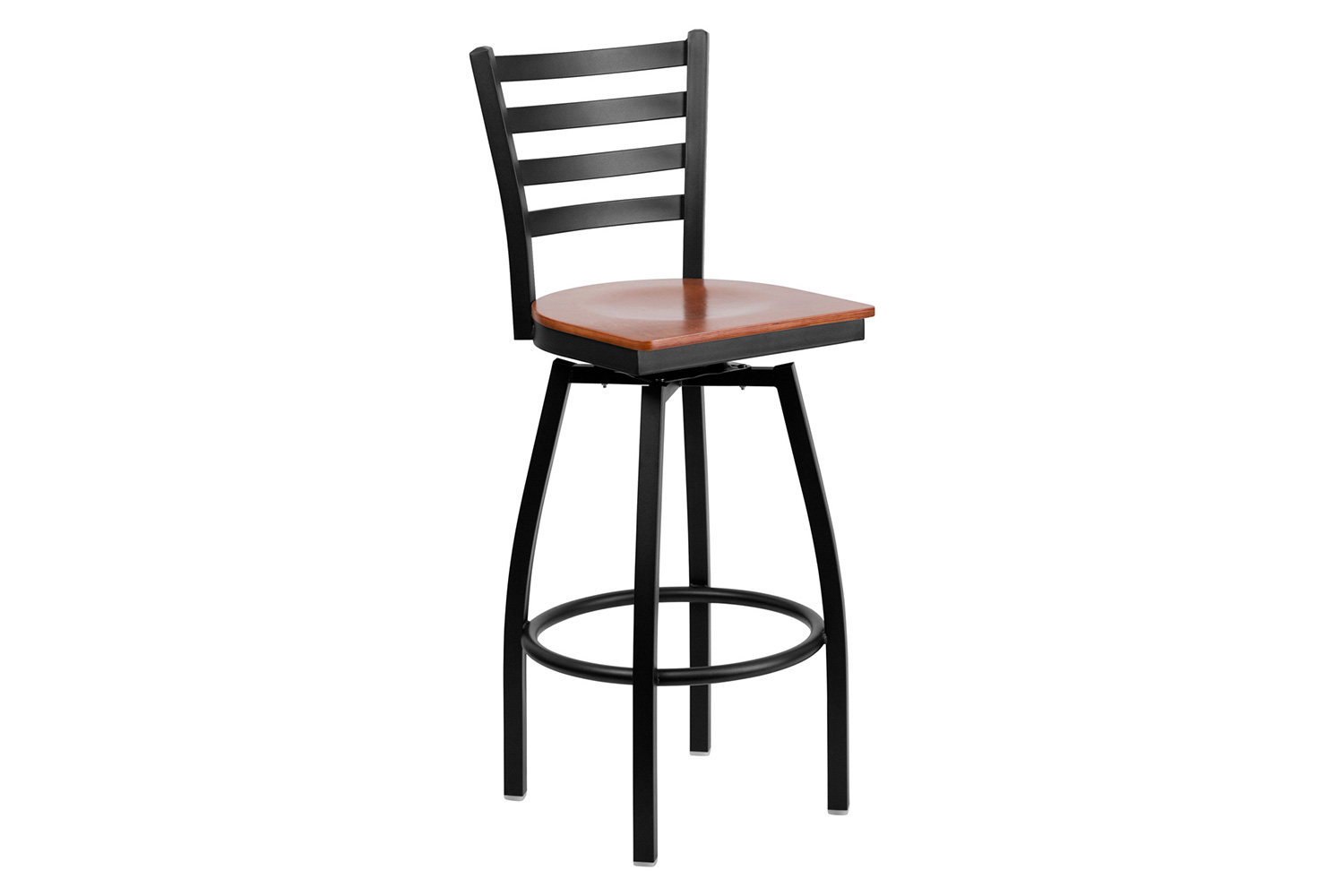 BLNK HERCULES Series Black Metal Ladder Back Swivel Bar Stool with Wood Seat - Cherry