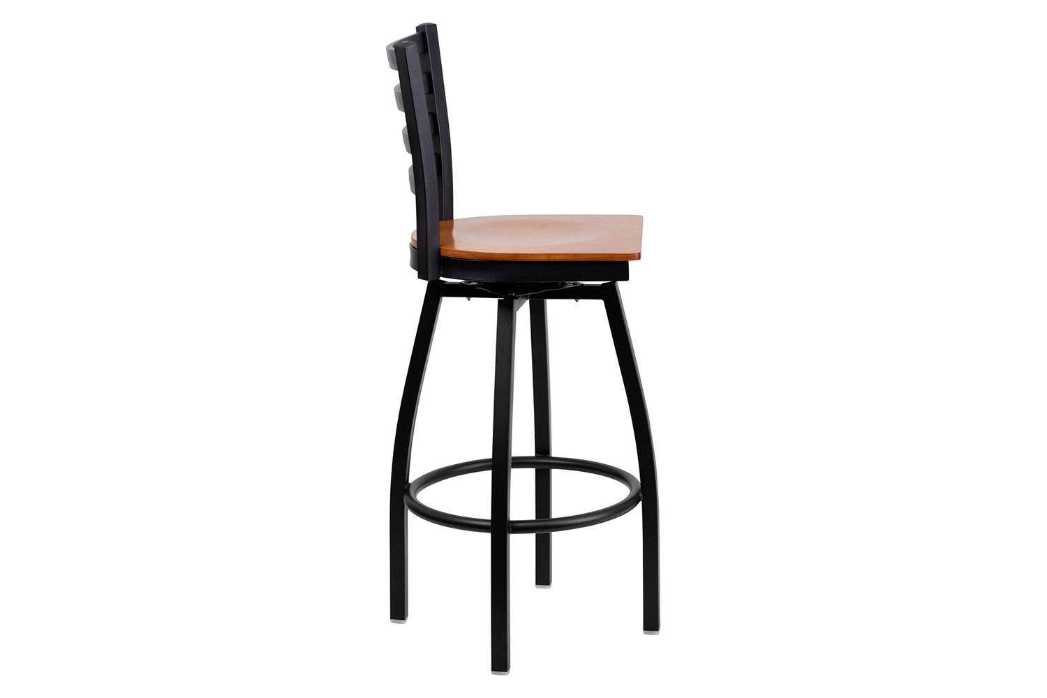 BLNK HERCULES Series Black Metal Ladder Back Swivel Bar Stool with Wood Seat - Cherry