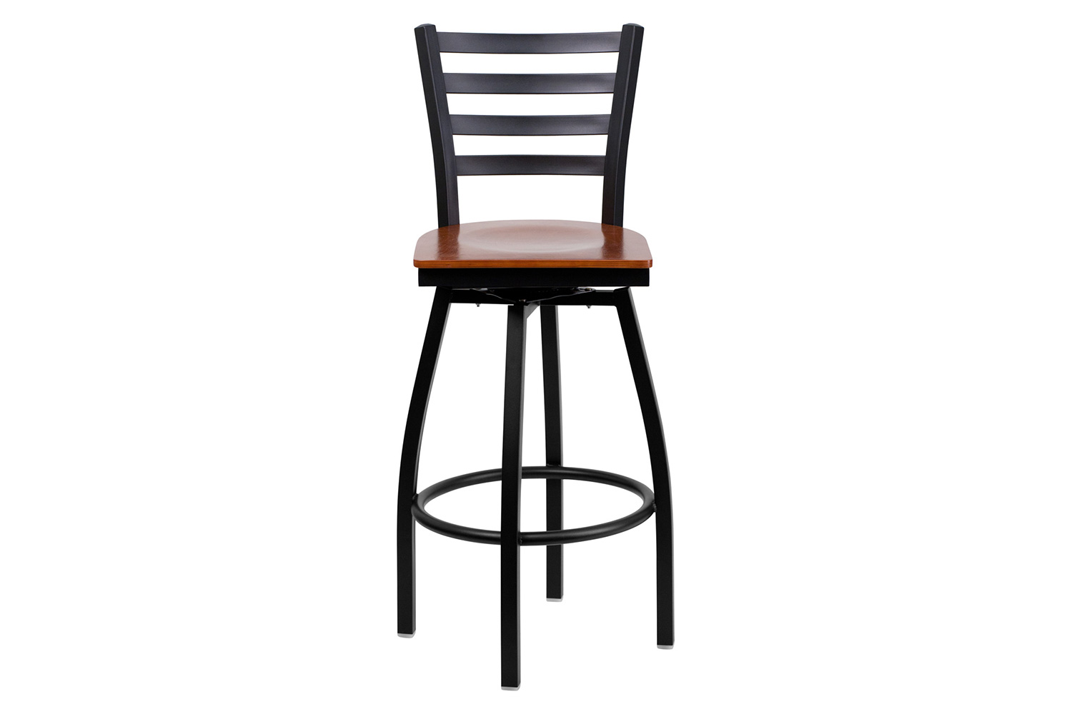 BLNK HERCULES Series Black Metal Ladder Back Swivel Bar Stool with Wood Seat - Cherry