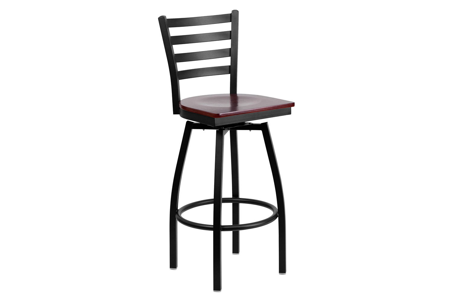 BLNK HERCULES Series Black Metal Ladder Back Swivel Bar Stool with Wood Seat