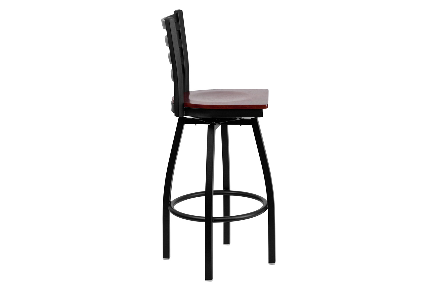 BLNK HERCULES Series Black Metal Ladder Back Swivel Bar Stool with Wood Seat - Mahogany