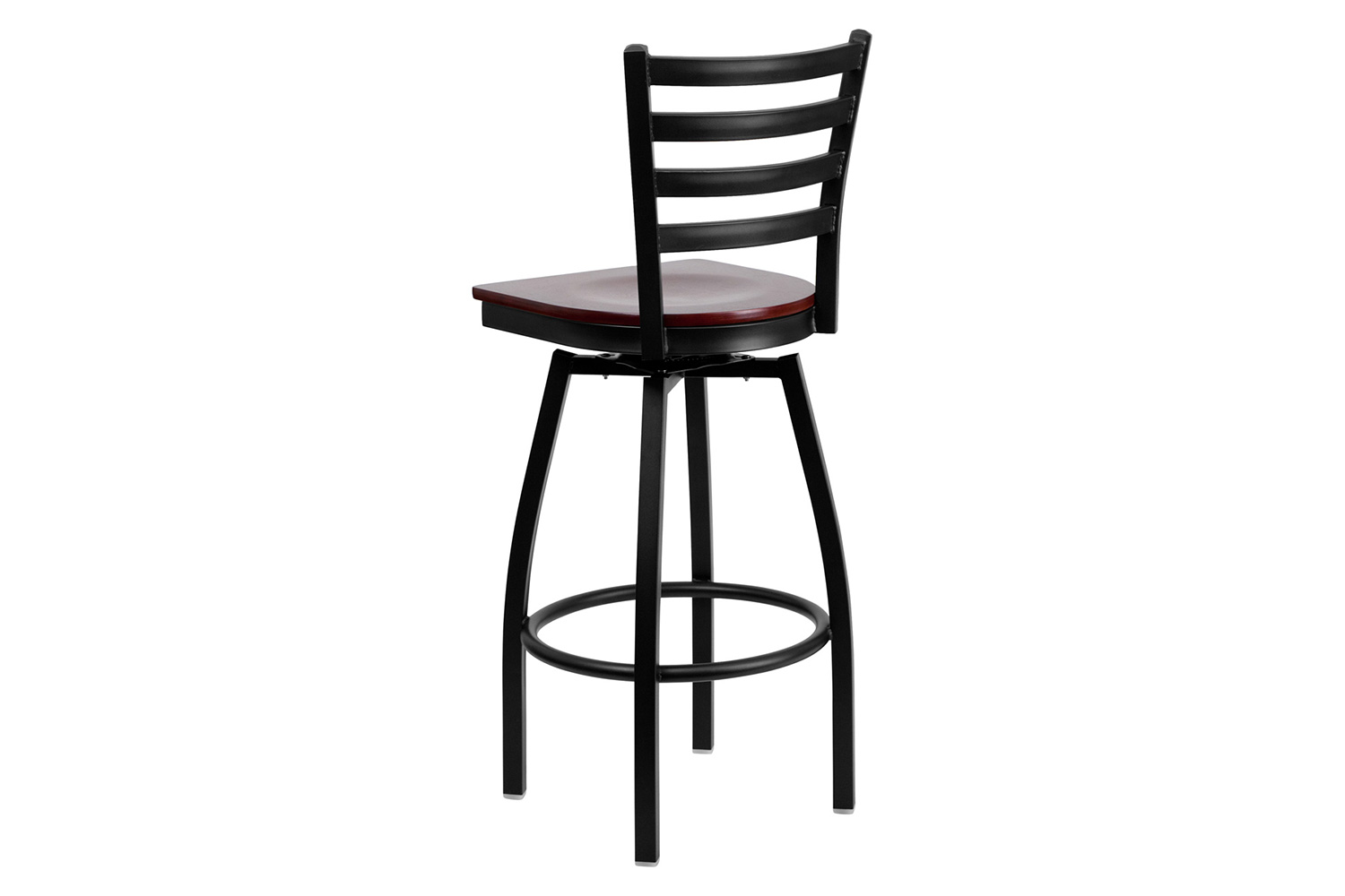 BLNK HERCULES Series Black Metal Ladder Back Swivel Bar Stool with Wood Seat - Mahogany