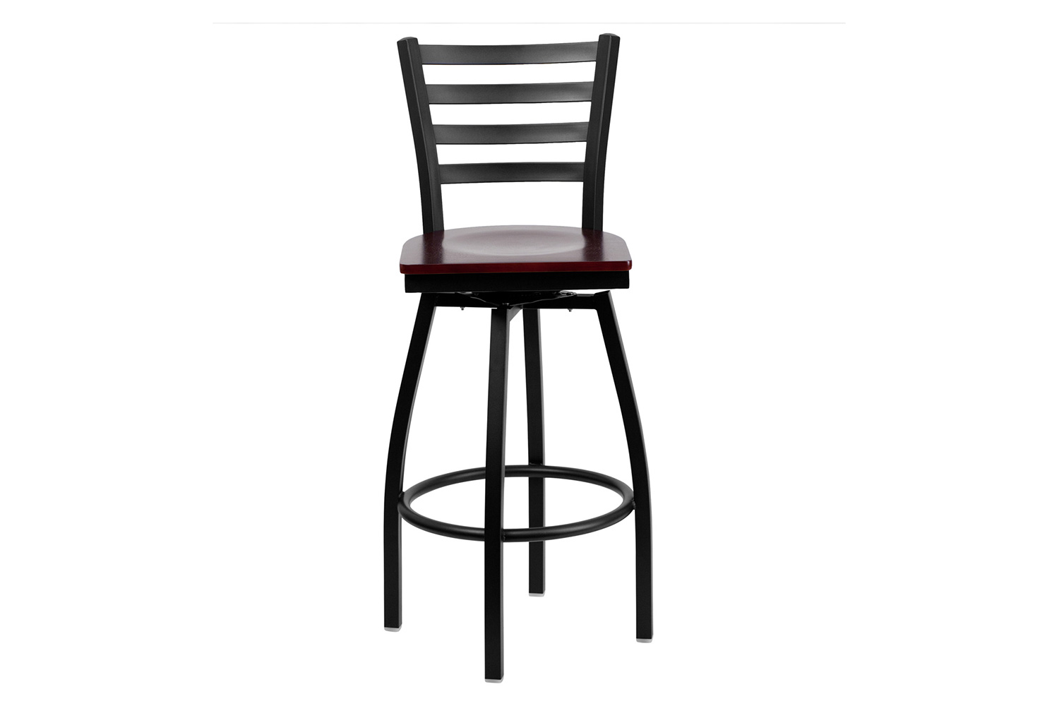 BLNK HERCULES Series Black Metal Ladder Back Swivel Bar Stool with Wood Seat - Mahogany