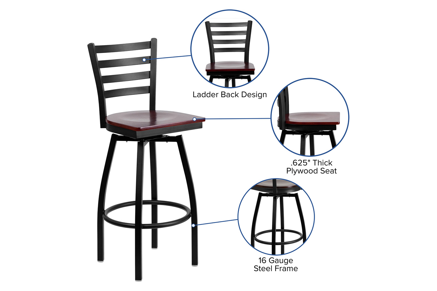 BLNK HERCULES Series Black Metal Ladder Back Swivel Bar Stool with Wood Seat - Mahogany