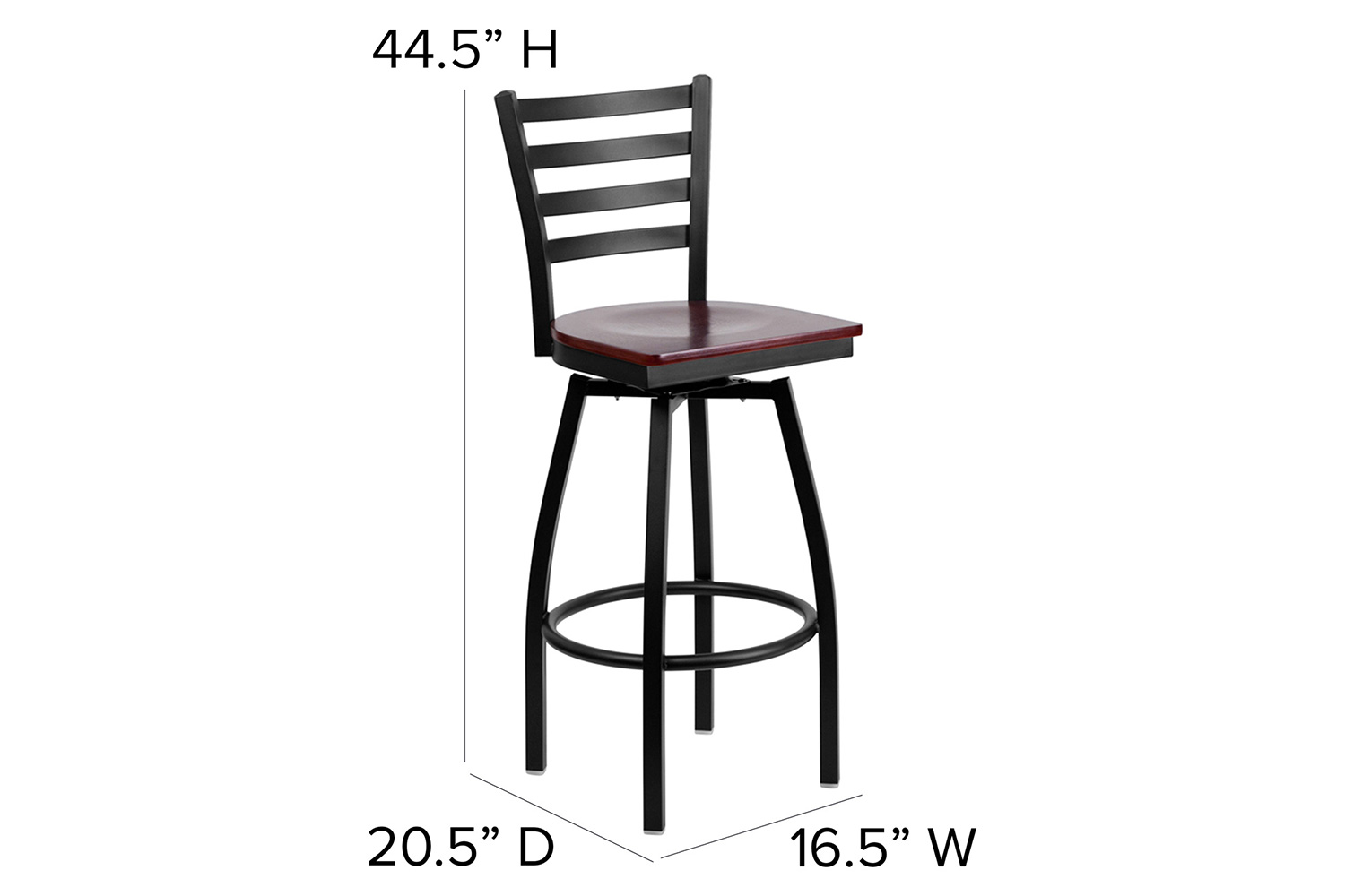 BLNK HERCULES Series Black Metal Ladder Back Swivel Bar Stool with Wood Seat - Mahogany