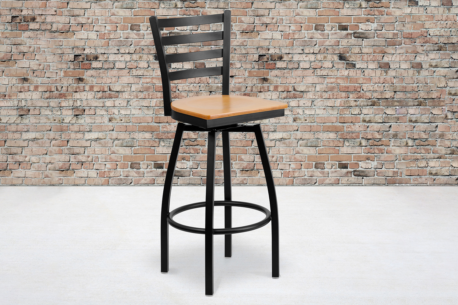 BLNK HERCULES Series Black Metal Ladder Back Swivel Bar Stool with Wood Seat