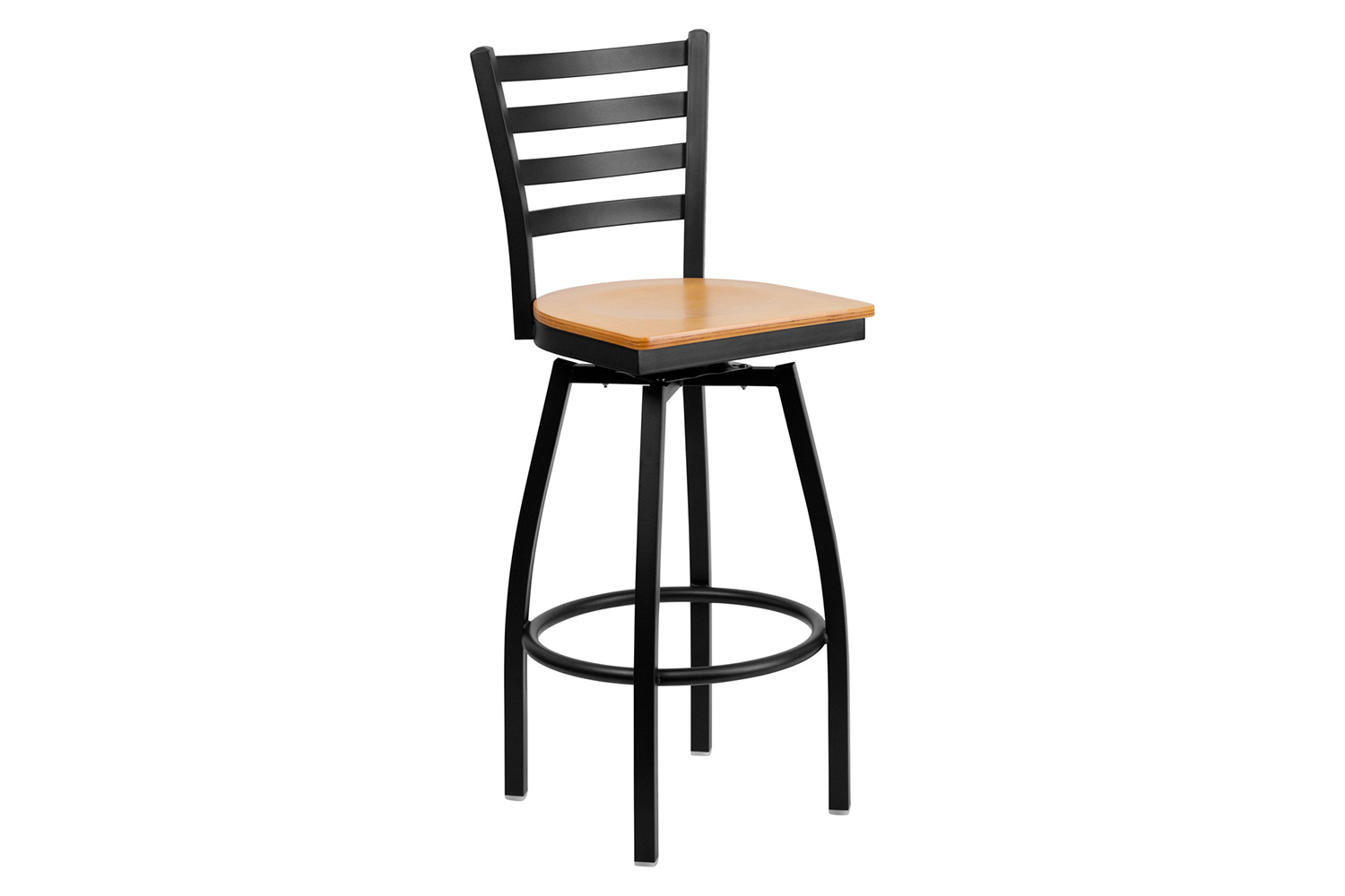 BLNK HERCULES Series Black Metal Ladder Back Swivel Bar Stool with Wood Seat - Natural