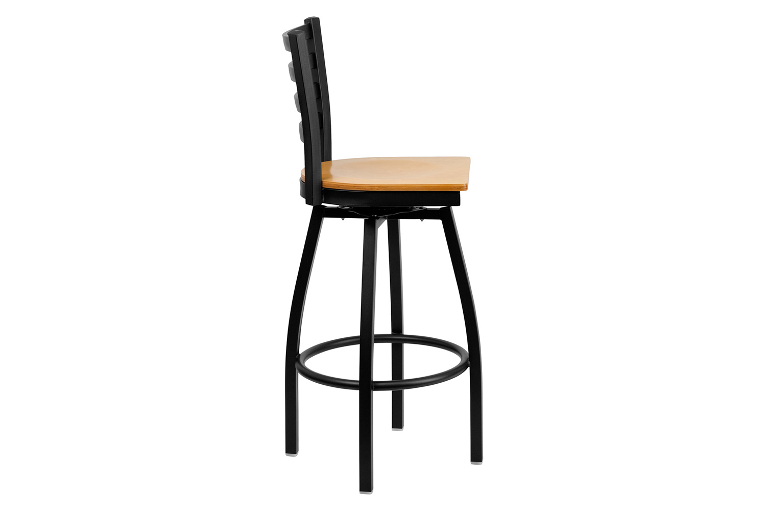 BLNK HERCULES Series Black Metal Ladder Back Swivel Bar Stool with Wood Seat - Natural