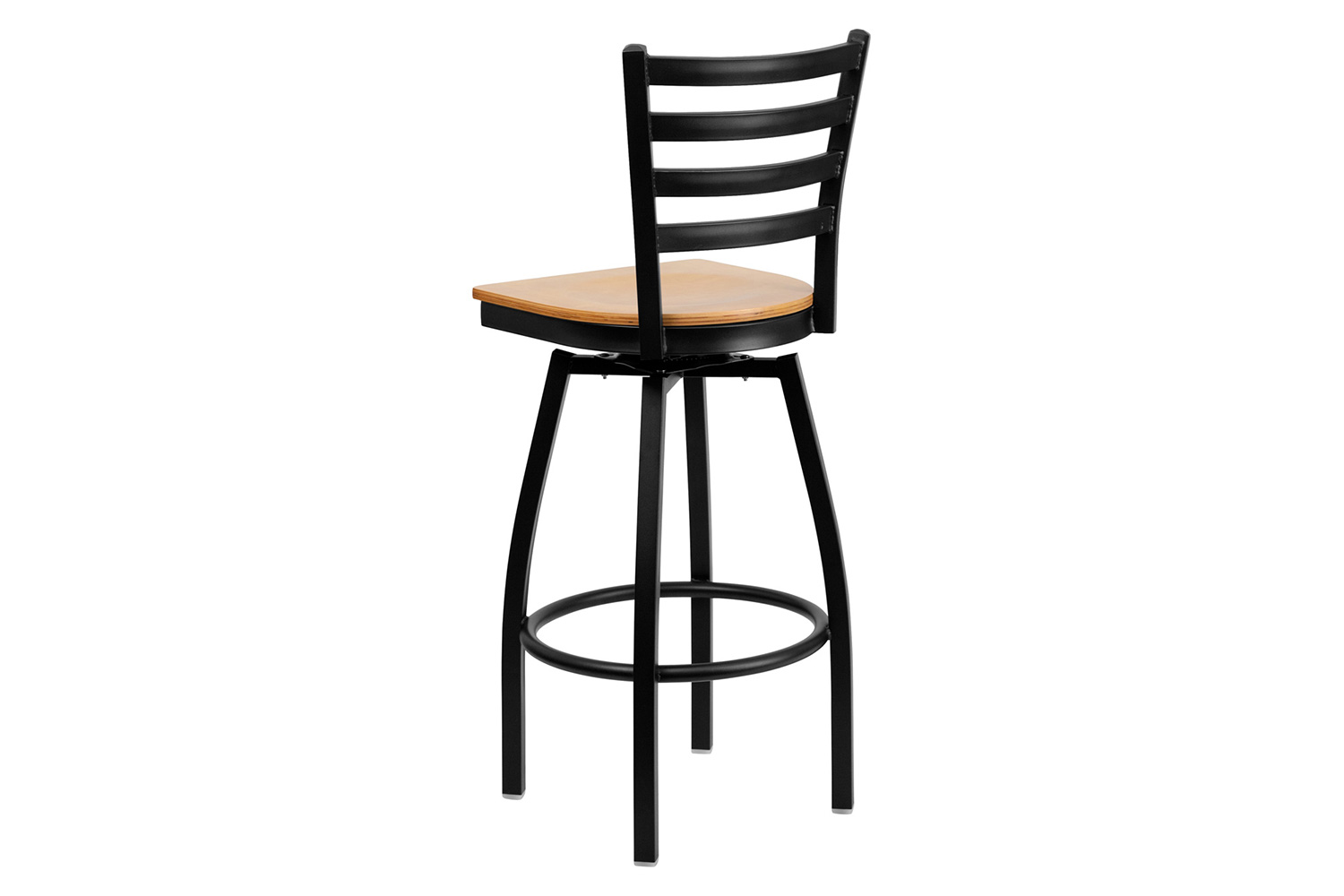 BLNK HERCULES Series Black Metal Ladder Back Swivel Bar Stool with Wood Seat - Natural