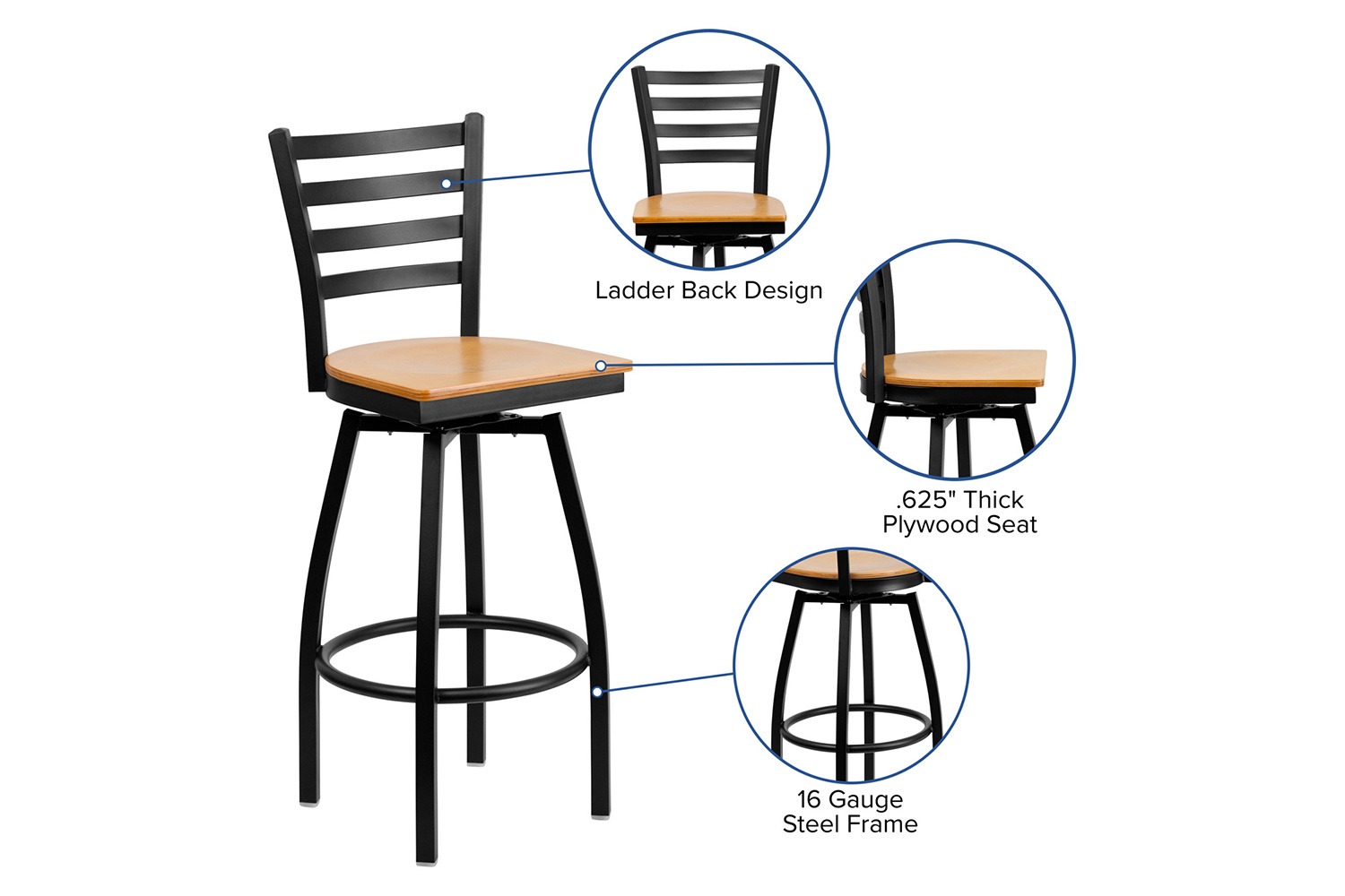 BLNK HERCULES Series Black Metal Ladder Back Swivel Bar Stool with Wood Seat - Natural