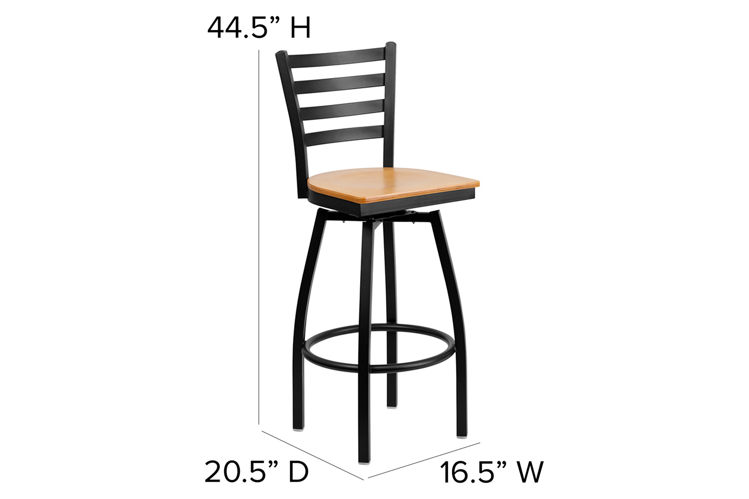 BLNK HERCULES Series Black Metal Ladder Back Swivel Bar Stool with Wood Seat - Natural