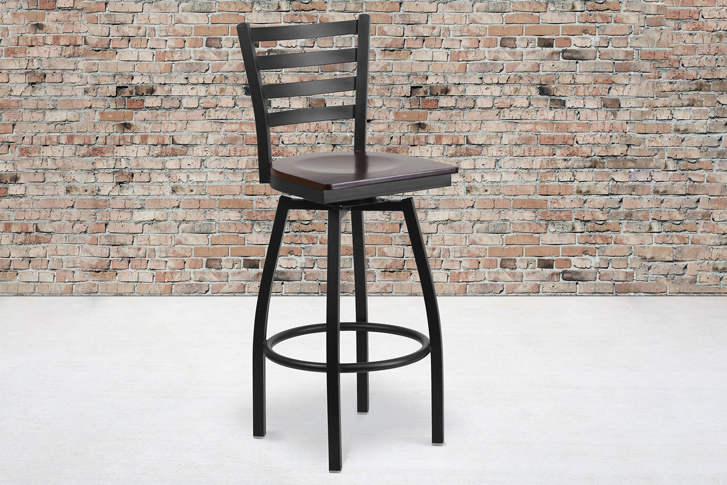 BLNK HERCULES Series Black Metal Ladder Back Swivel Bar Stool with Wood Seat