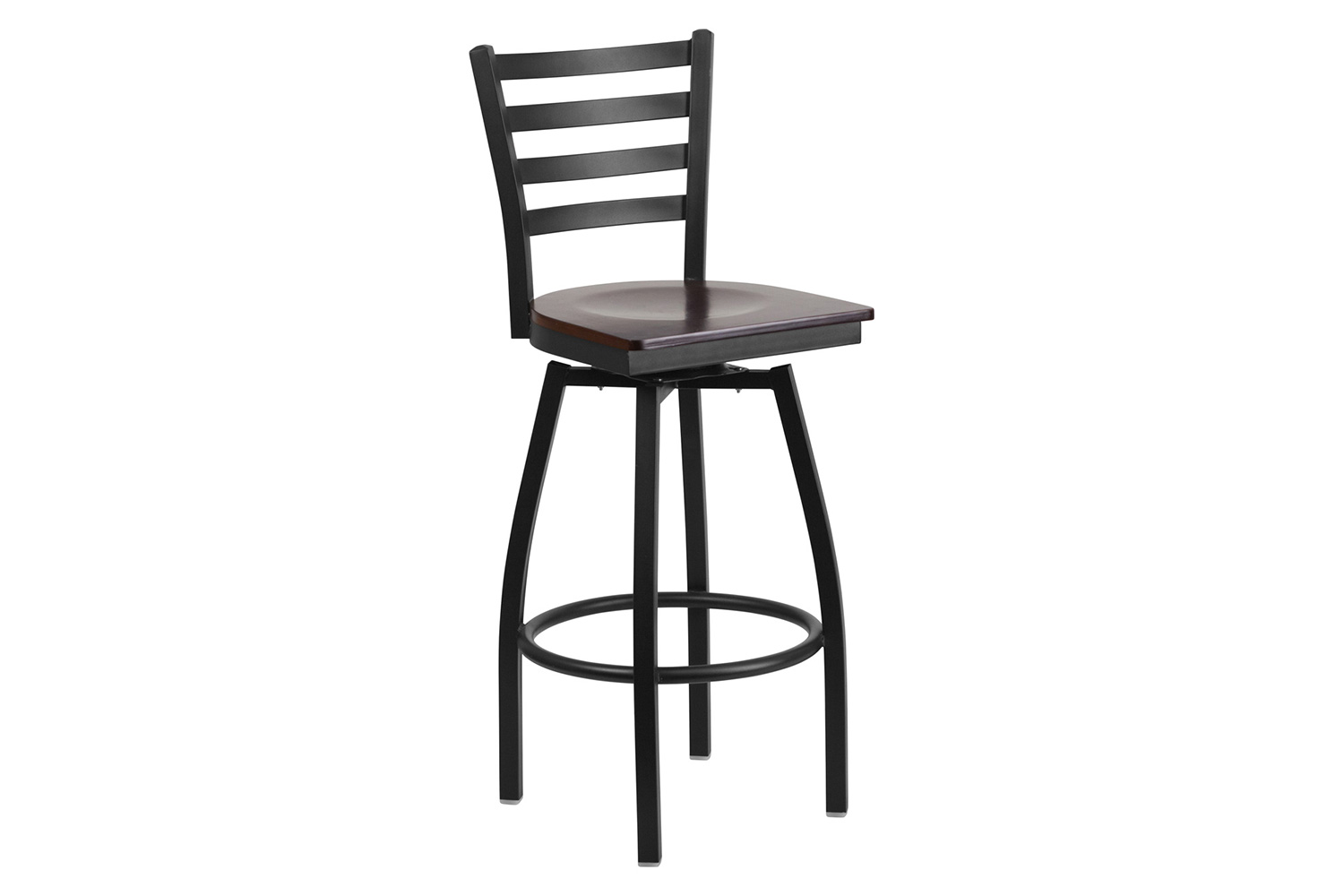 BLNK HERCULES Series Black Metal Ladder Back Swivel Bar Stool with Wood Seat - Walnut