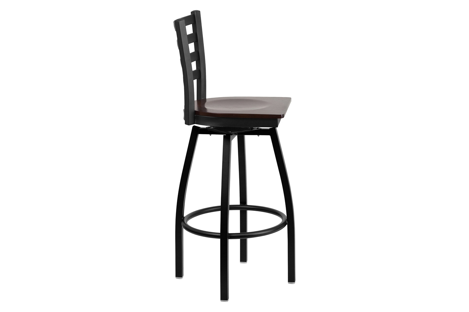 BLNK HERCULES Series Black Metal Ladder Back Swivel Bar Stool with Wood Seat - Walnut