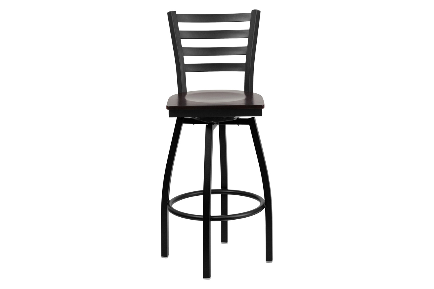 BLNK HERCULES Series Black Metal Ladder Back Swivel Bar Stool with Wood Seat - Walnut