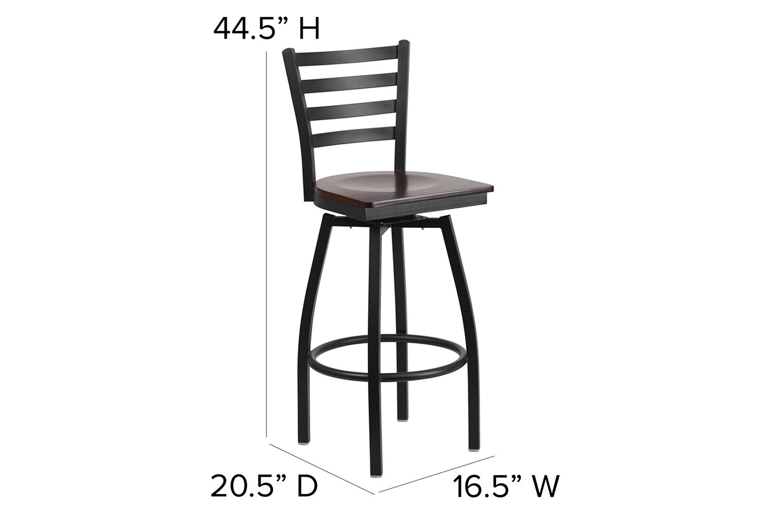 BLNK HERCULES Series Black Metal Ladder Back Swivel Bar Stool with Wood Seat - Walnut