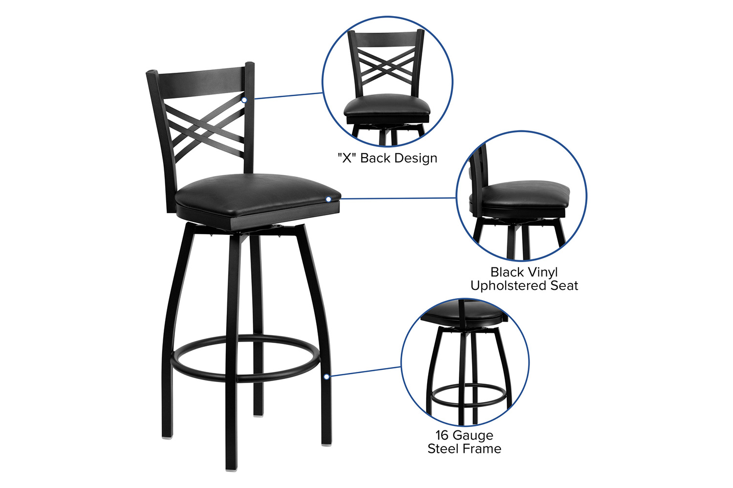 BLNK HERCULES Series Black Metal "X" Back Swivel Bar Stool with Vinyl Seat - Black