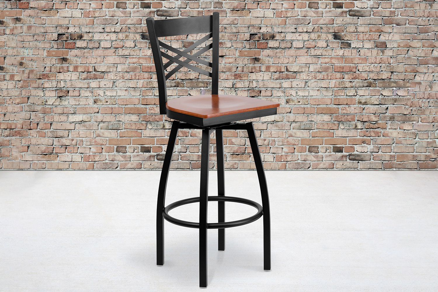 BLNK HERCULES Series Black Metal "X" Back Swivel Bar Stool with Wood Seat