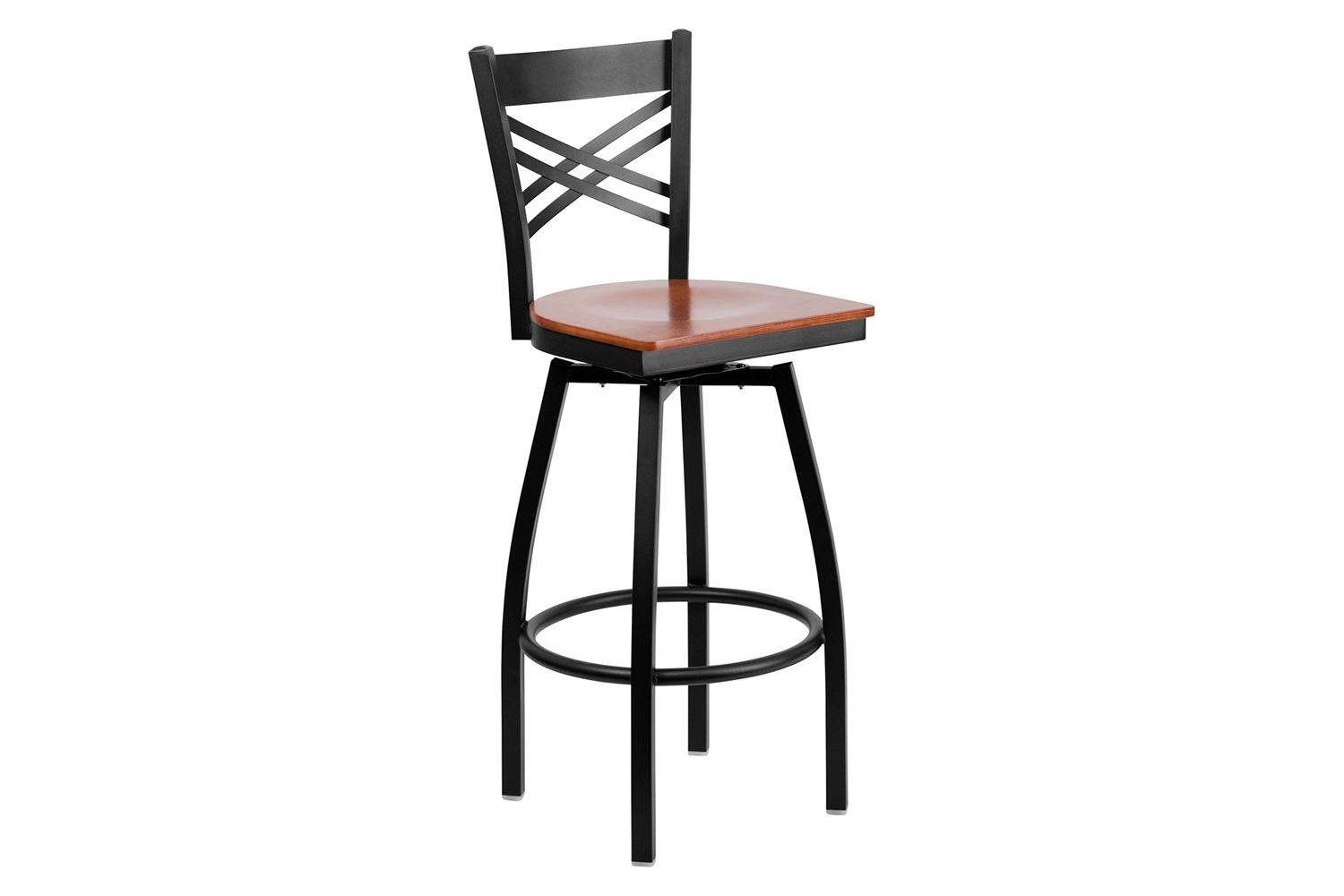 BLNK HERCULES Series Black Metal "X" Back Swivel Bar Stool with Wood Seat - Cherry