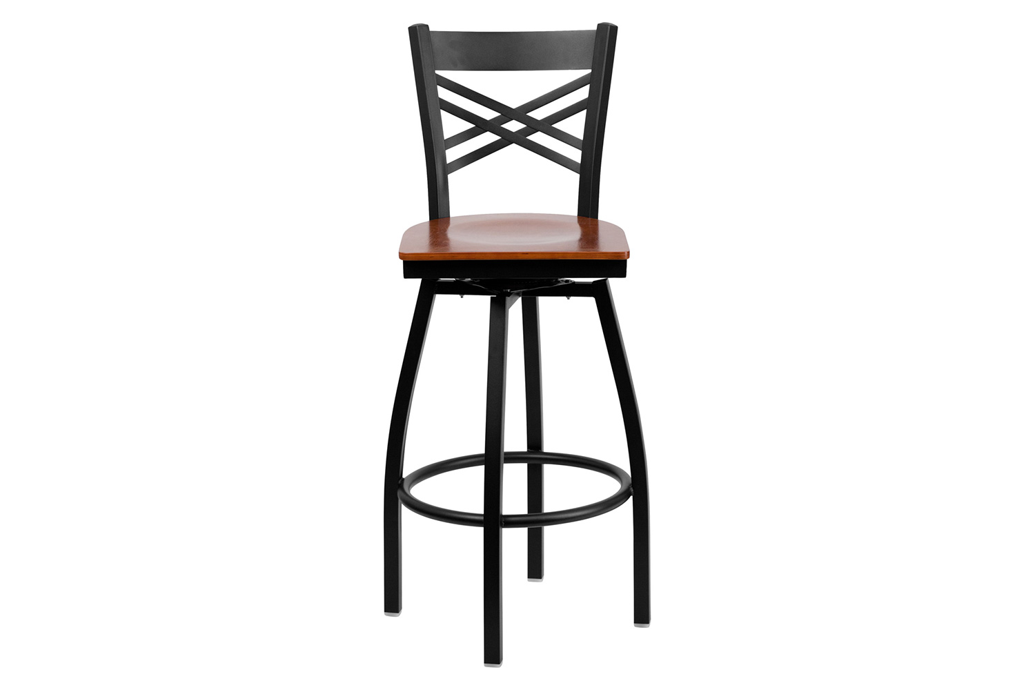 BLNK HERCULES Series Black Metal "X" Back Swivel Bar Stool with Wood Seat - Cherry