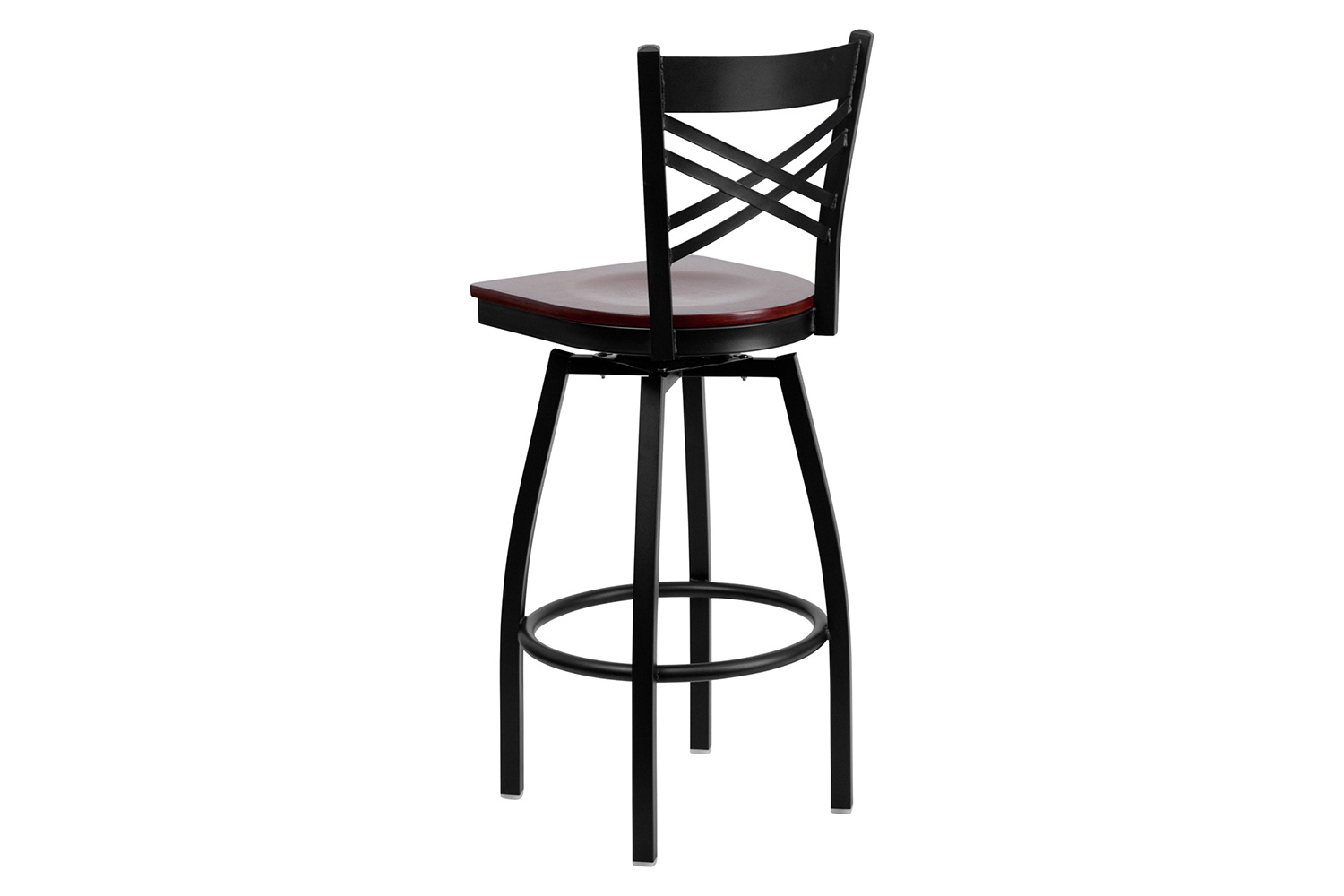 BLNK HERCULES Series Black Metal "X" Back Swivel Bar Stool with Wood Seat - Mahogany