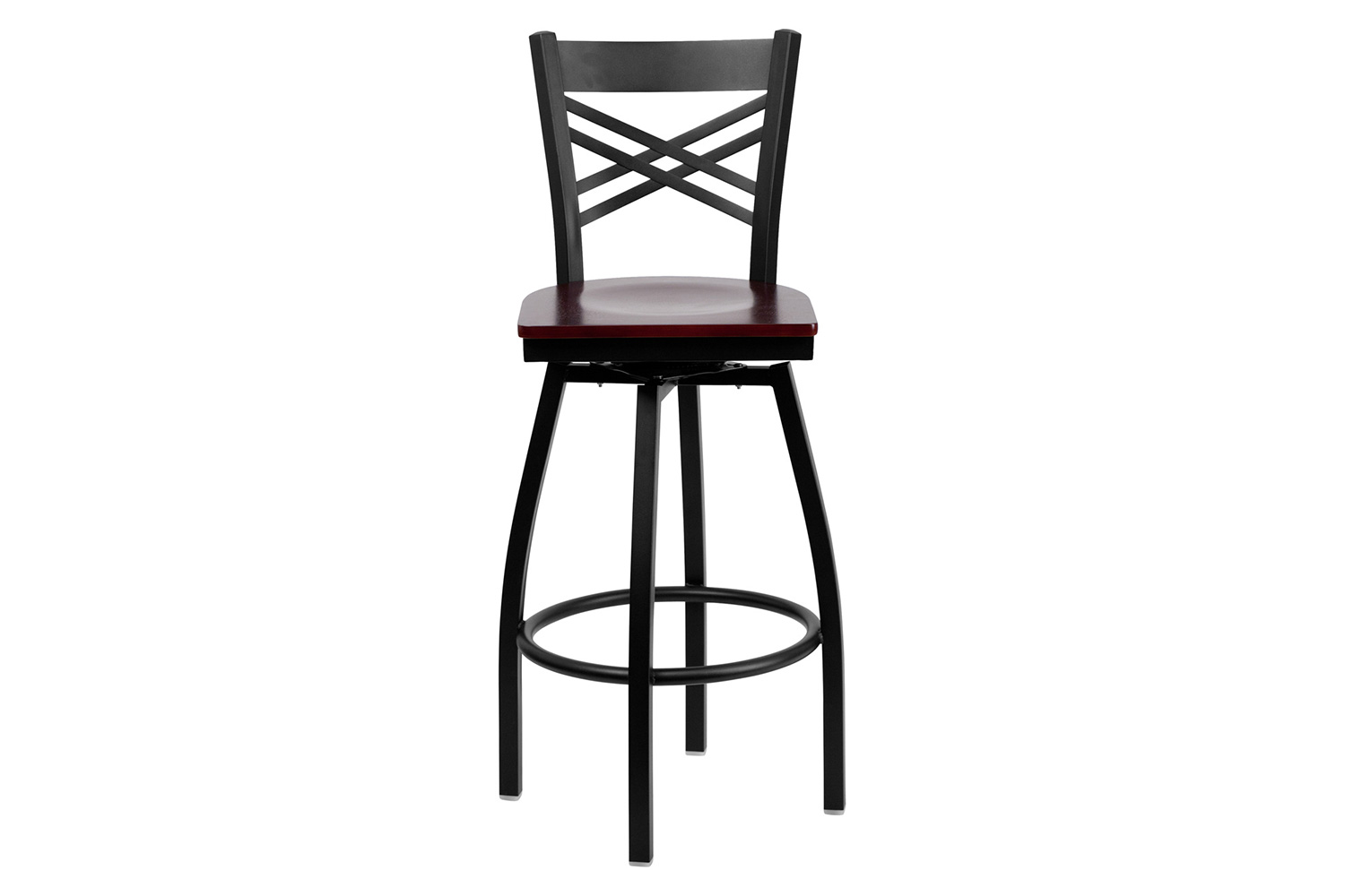 BLNK HERCULES Series Black Metal "X" Back Swivel Bar Stool with Wood Seat - Mahogany