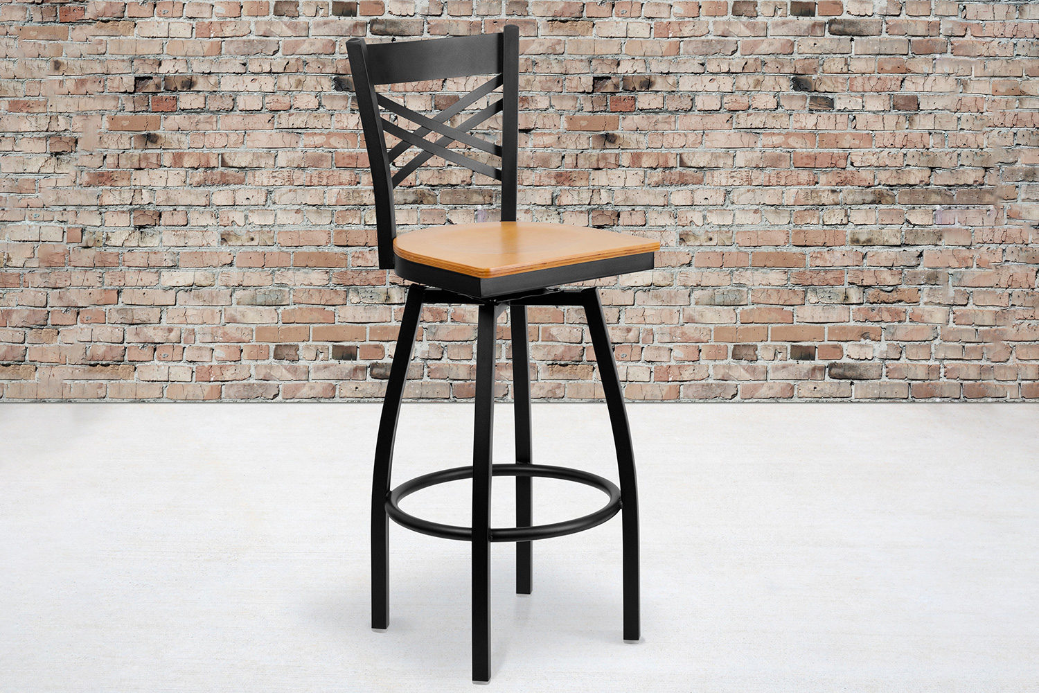 BLNK HERCULES Series Black Metal "X" Back Swivel Bar Stool with Wood Seat