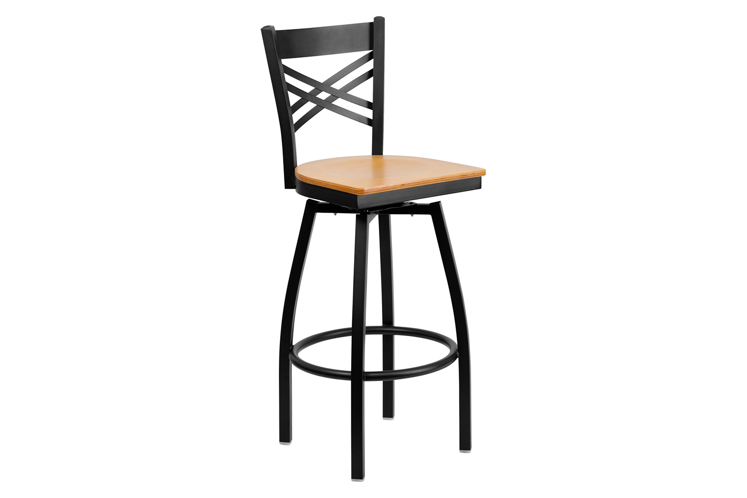 BLNK HERCULES Series Black Metal "X" Back Swivel Bar Stool with Wood Seat - Natural