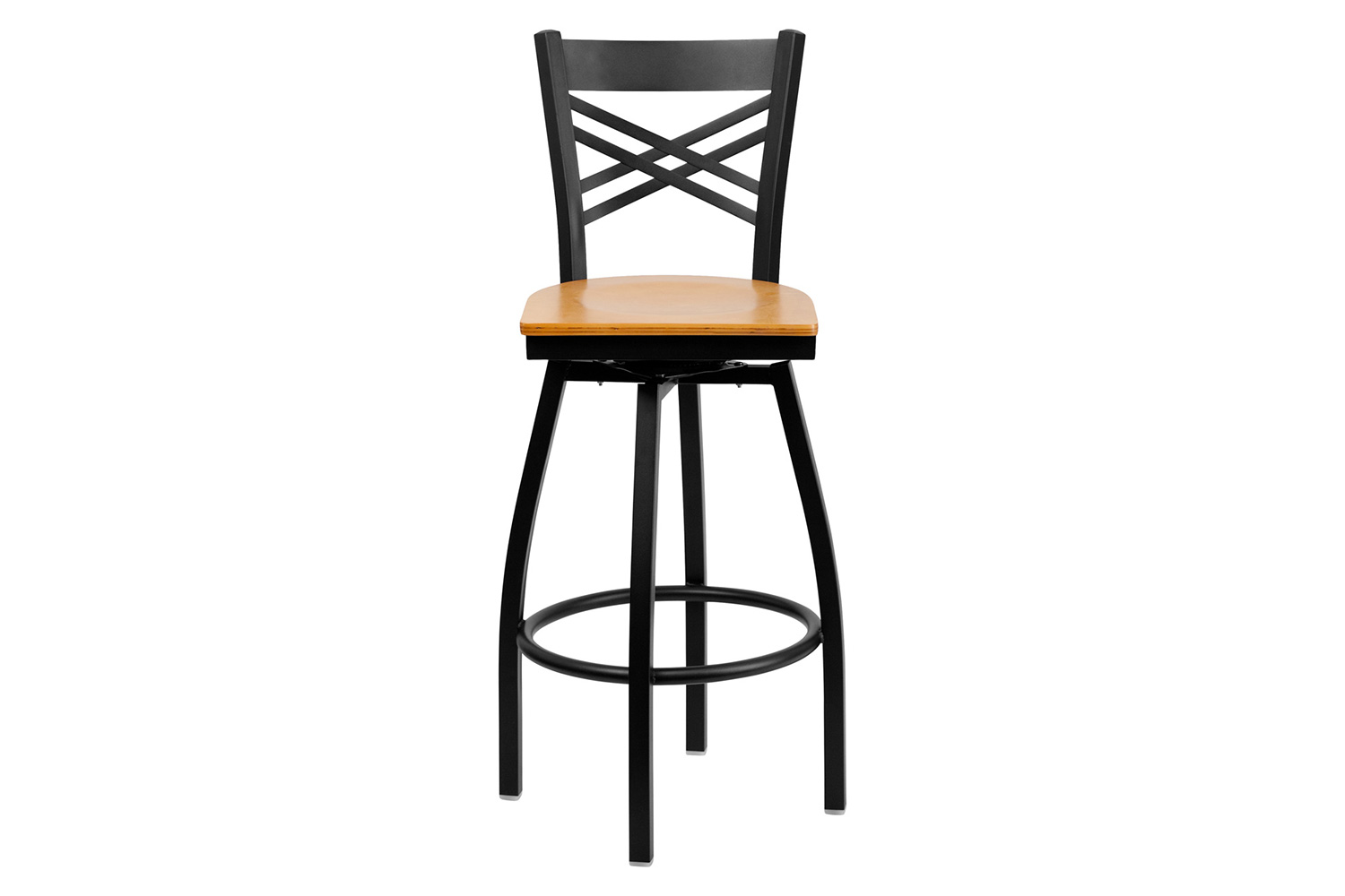 BLNK HERCULES Series Black Metal "X" Back Swivel Bar Stool with Wood Seat - Natural