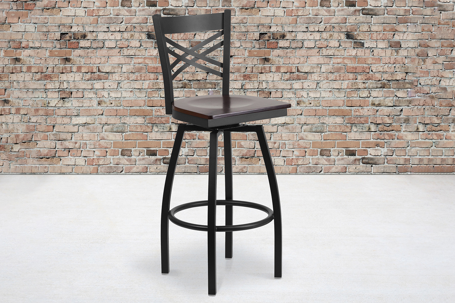 BLNK HERCULES Series Black Metal "X" Back Swivel Bar Stool with Wood Seat